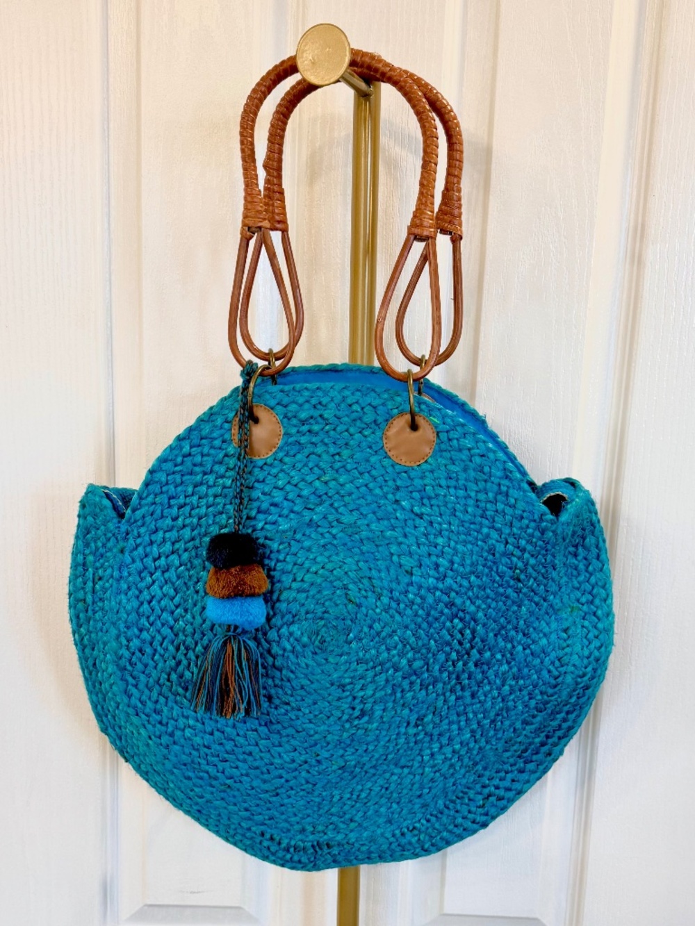 NWOT Women's Retro 1970s Bohemian Turquoise Jute Handbag, Rattan Handles by A&B